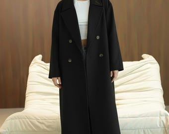 Women’s Black Wool Long Coat | Double Breasted Winter Overcoat | Minimalist Classic Style