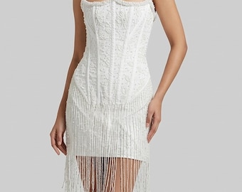 Pearl Beaded Corset Mini Dress, Strapless Bridal Reception Party Dress