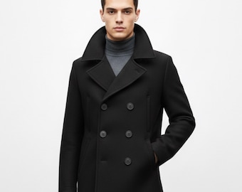 Men's Gothic Black Wool Overcoat – Double Breasted Winter Coat