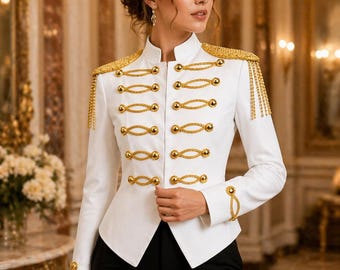 Women’s White Military Jacket, Gold Button Blazer, Victorian Style Jacket, Formal Wedding Jacket, Royal Inspired Outfit