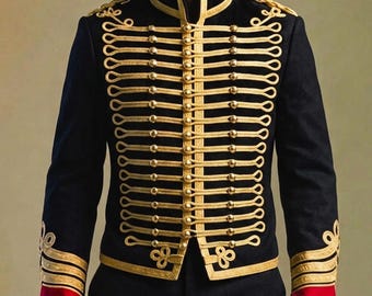 Giacca da ussaro da uomo nera e oro, uniforme militare / Cappotto da parata vittoriano intrecciato / Giacca da ufficiale cerimoniale