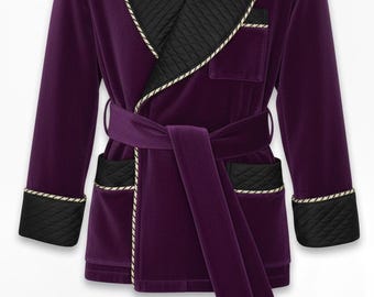 Men’s Purple Velvet Smoking Jacket – Quilted Robe Coat, Vintage Lounge Wear, Victorian Gentleman Costume, Steampunk Cosplay Jacket