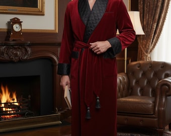Burgundy Velvet Robe: Men's Quilted Lapel Dressing Gown
