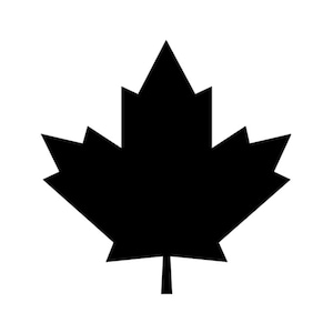 May include: A black silhouette of a maple leaf, a symbol of Canada, against a white background. The leaf has five distinct lobes and a stem, representing the national emblem.