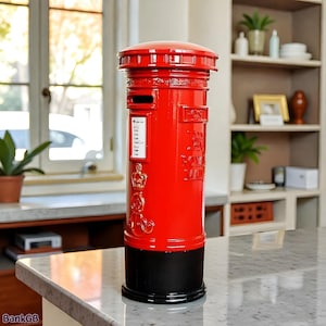 Może przedstawiać: Miniaturowa czerwono-czarna brytyjska skrzynka pocztowa. Ma cylindryczny kształt z kopulastym dachem i szczeliną na pocztę. Napis "Royal Mail" jest wytłoczony. Przedmiot dekoracyjny.