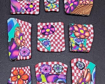 Set of 9, Handmade Floral and Checkered Polymer Clay Magnets, Home & Office Decor
