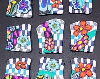 Set of 9, Handmade Floral and Checkered Polymer Clay Magnets, Home & Office Decor