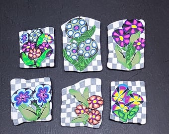 Set of 6, Handmade Floral and Checkered Polymer Clay Magnets, Home & Office Decor
