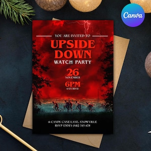 May include: A red invitation card with the text "UPSIDE DOWN WATCH PARTY" and event details. The card features a dark red background with silhouettes of trees and cyclists. The Canva logo is visible in the upper right corner.