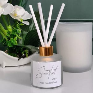 Peut inclure: Un diffuseur de parfum &agrave; roseaux blanc avec un col dor&eacute; et des roseaux blancs, &agrave; c&ocirc;t&eacute; d'une bougie blanche et d'une composition florale d'orchid&eacute;es blanches. Le diffuseur porte le texte "Scent it". Fond vert fonc&eacute;.