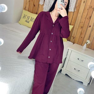 Burgundy Pajama Set for Women | Soft Long Sleeve Button Down Sleepwear | Cozy Loungewear Set | Wine Red Pajamas