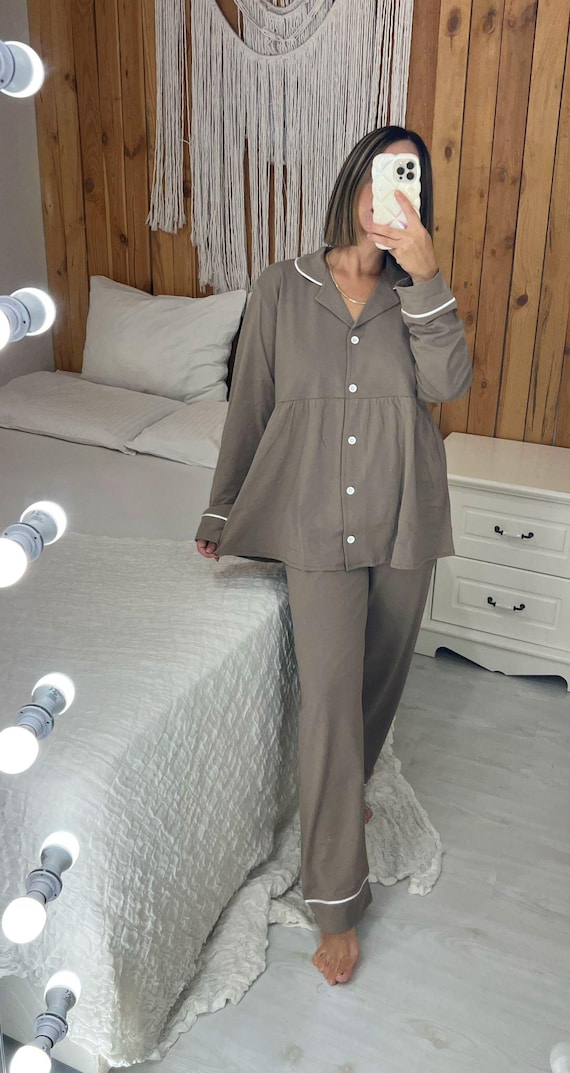 Mink color Combed Fabric Pleated Maternity and Postpartum Pajama Set