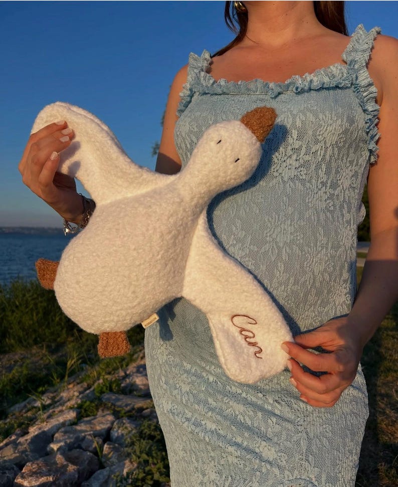 May include: A white plush toy shaped like a flying goose with a textured, fuzzy surface. The goose has brown fabric feet and a brown beak. The name "Can" is embroidered in brown cursive script on one of the wings. The toy is soft and stuffed.