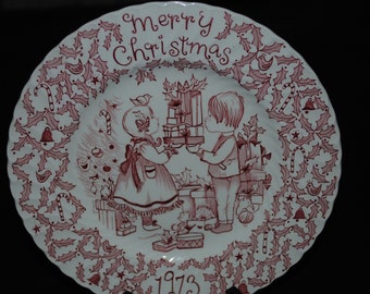 Dated 1973 Christmas Holiday 8 3/4" Plate by Royal Crownford and Signed by Norma Sherman Cranberry Pink