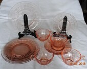 Depression Anchor Hocking Block Optic Pink 4 - Salad Plates 4 - Saucers 4 - Cups
