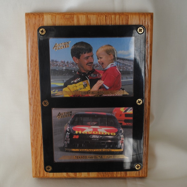 Davey Allison  2 Collectors Cards on Wood Plaque One with His Boy and one With His Car Number 28