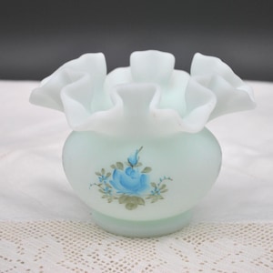 Fenton Hand Painted Blue Satin Dark Blue Flowers Small Double-Crimp Vase
