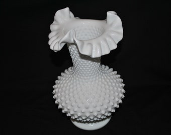 Fenton Hobnail Milk Glass Ruffle and Crimped Vase