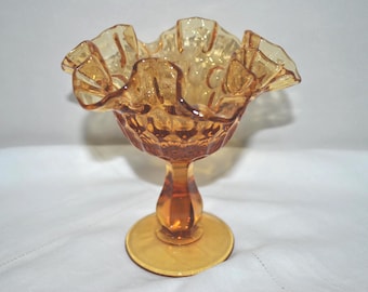 Fenton Colonial Amber Crimped Ruffled Thumb Print Compote Dish Stemware