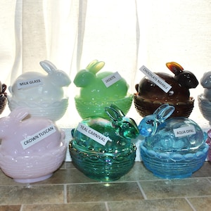 Your Choice of 10 Mosser Bunny on Basket Teal Carnival, Eggplant, Jadeite, Crown Tuscan, Passion Pink, Milk Glass, Marble, Passion Pink, image 1