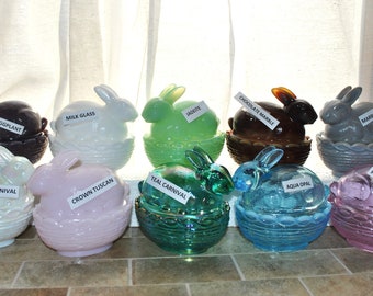 Your Choice of 10 Mosser Bunny on Basket Teal Carnival, Eggplant, Jadeite, Crown Tuscan, Passion Pink, Milk Glass, Marble, Passion Pink,