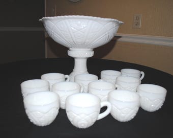 McKee Milk Glass The Concord Punch Bowl Set, 13 Cups No Cup Hooks