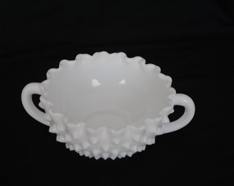 Hobnail Crimped  Milk Glass 2 Handle Round Candy, Bon Bon, Nut, Dish FENTON