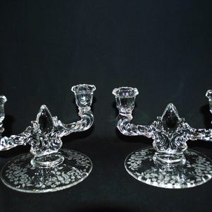 New Martinsville Glass A Pair Of Flower Basket Clear Double Candlestick Holders
