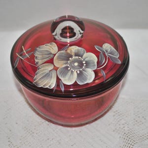 Ruby Flashed Hand Painted Flower Round Candy Dish with Lid.