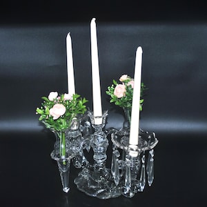 Vintage Cambridge Epergne with 1 - Caprice Three Light Candlestick, 1 - Vase Arm 1 - 2 Vases 2 - Bobeche with 16 Prisms Weddings, USED