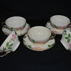 Franciscan Desert Rose 5 Cups and 3 Saucers, Earthenware made in the USA Pink Desert Roses Brown Vine Green Leaves