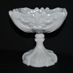 Portieux Vallerysthal Opaline Milk Glass Comport Dish Pedestal Scrolls Feather Fan