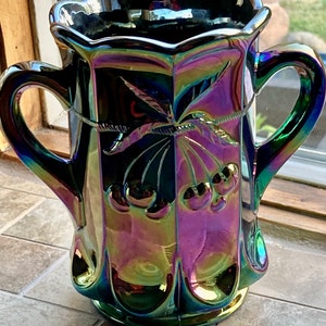 Mosser Glass Cherry Cable Thumbprint Purple Carnival Iridescent Glass Spooner Discontinued
