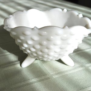 L E Smith 3 Toed Triangular Bowl Hobnail Milk Glass  Bon Bon, Candy Dish