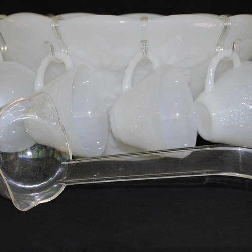 Vintage Milk Glass Punch Bowl Set Anchor Hocking Grape Vine Etsy
