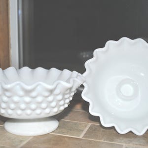 Fenton Pair of Hobnail Milk Glass Bowl Shaped Candle Stick Holders Ruffled, Scalloped Edge