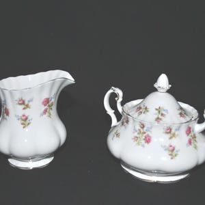 Royal Albert Winsome White Creamer and Sugar Bowl with Lid Bone China England Pink Roses Blue Flowers