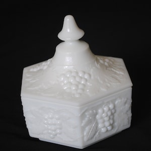Imperial Milk Glass Hexagon  Candy Dish with Lid Trinket Box in The Vintage Grape Pattern