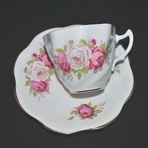Crown Bone China England Tea Cup and Saucer Pink, White Roses