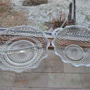 Anchor Hocking 2 Hobnail Moonstone Clear Opalescent Ruffled Crimple 1 Bowl w/ Handles 1 Divided Bowl