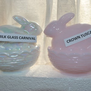 Your Choice of 10 Mosser Bunny on Basket Teal Carnival, Eggplant, Jadeite, Crown Tuscan, Passion Pink, Milk Glass, Marble, Passion Pink, image 2