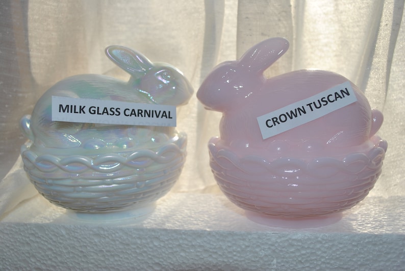 Your Choice of 10 Mosser Bunny on Basket Teal Carnival, Eggplant, Jadeite, Crown Tuscan, Passion Pink, Milk Glass, Marble, Passion Pink, image 2