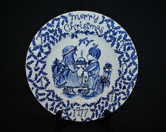 Christmas Holiday 8 3/4" Plate by Royal Crownford Dated 1977 and Signed by Norma Sherman Blue