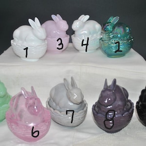 Your Choice of 9 Mosser Glass Bunny on Basket Milk Glass, Teal Carnival, Crown Tuscan, Milk Glass Carnival, Jadeite, Passion Pink, Eggplant