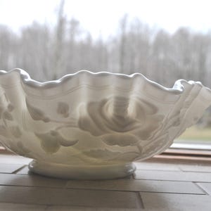 Imperial Glass Milk Glass Rose Pattern Round 9 inch Crimped Bowl