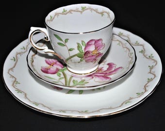 Royal Tuscan Floral Teacup, Saucer & Plate Set: Fine Bone China