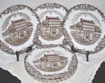 Johnson Brothers Heritage Hall Georgian Town House 8 Dinner Plates Made in England Stamp.