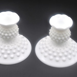 Fenton Pair of 3-inch Dome Foot Hobnail Milk Glass Single Candlestick Holders