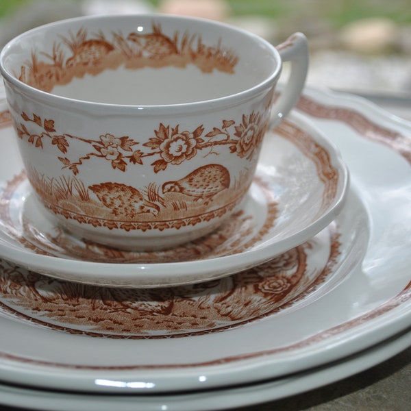 Furnivals Quail Brown Transferware 4 Luncheon Plates, 4 Cups and 4 Saucers Made in England