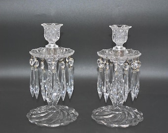 Duncan Miller Clear Sandwich Pattern Pair of Candlestick Holders Pressed Glass Used. Discontinued in 1965.